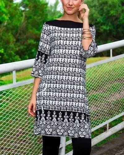 Boat Neck Tunic Dress with 3/4 Sleeves - Women's Tunic Dresses