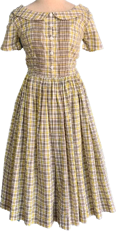 1950s Yellow & Brown Gingham Pan Collar Dress   w29