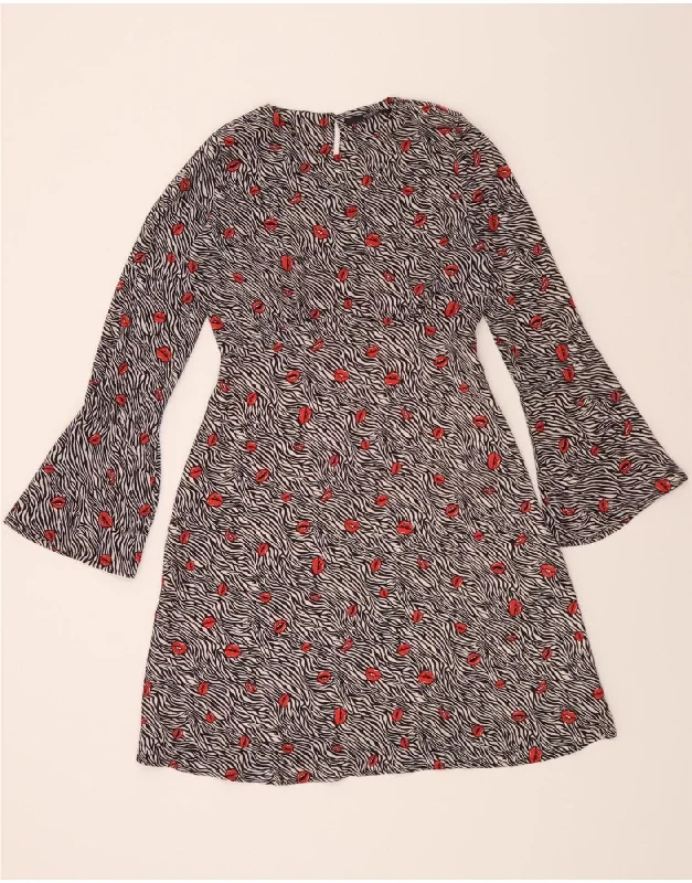 GUESS Womens Graphic Long Sleeve A-Line Dress UK 4 XS Black Animal Print
