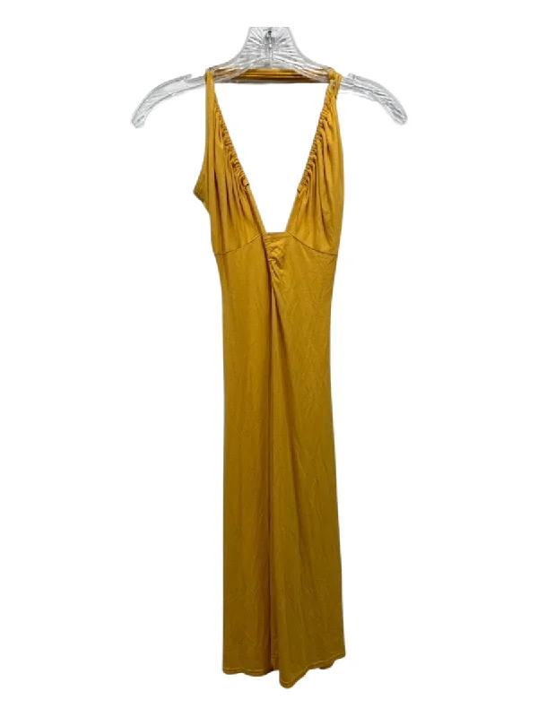 By Anthropologie Size S Mustard Yellow Cotton Ruched Front Slit Dress