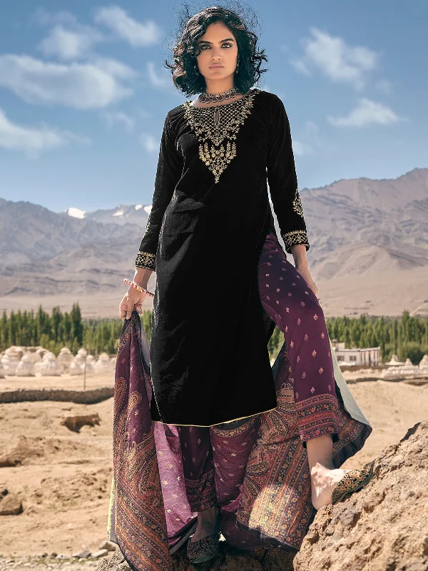 Women's Black Velvet Embroidered Unstitched Dress Material - Aastha Fashion