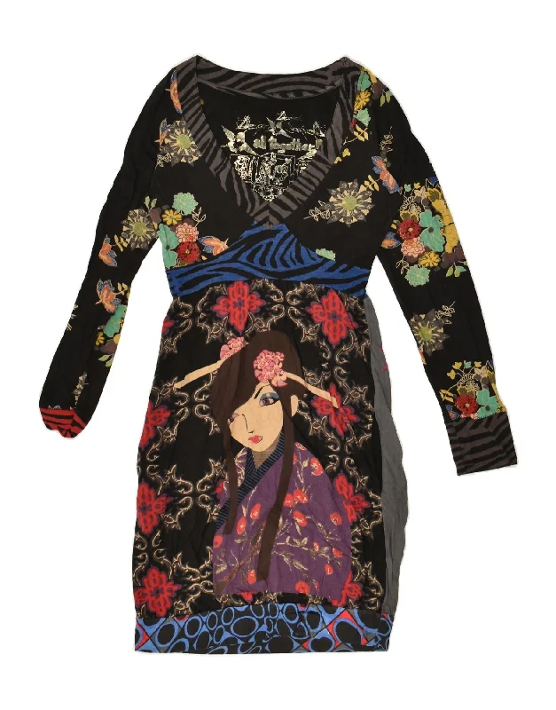 DESIGUAL Womens Graphic Sheath Dress UK 12 Medium Black Colourblock