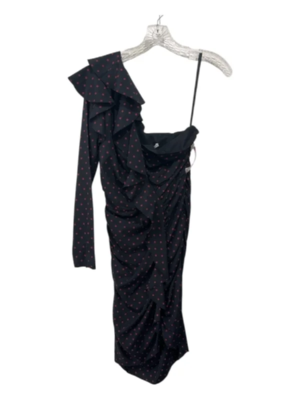 Veronica Beard Size 2 Black & Red Silk Polka Dots One Shoulder Side Zip Dress