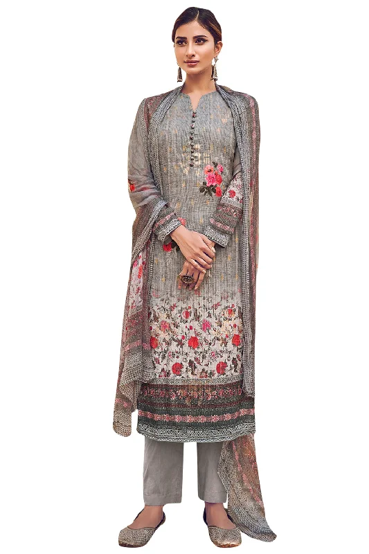 Pure Silk Digital Printed Suit Set Dress Material In Grey
