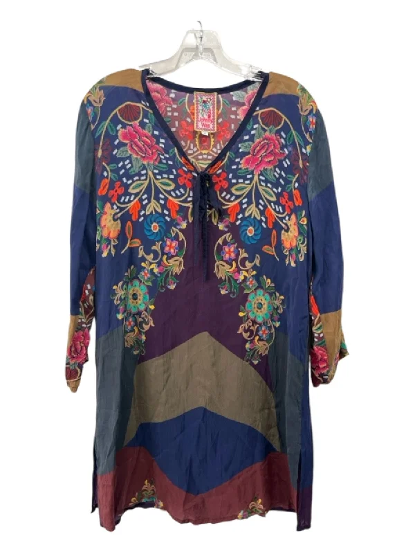 Johnny Was Size M Blue & Multi Cupra Floral 3/4 Sleeve V Neck Tie Front Dress