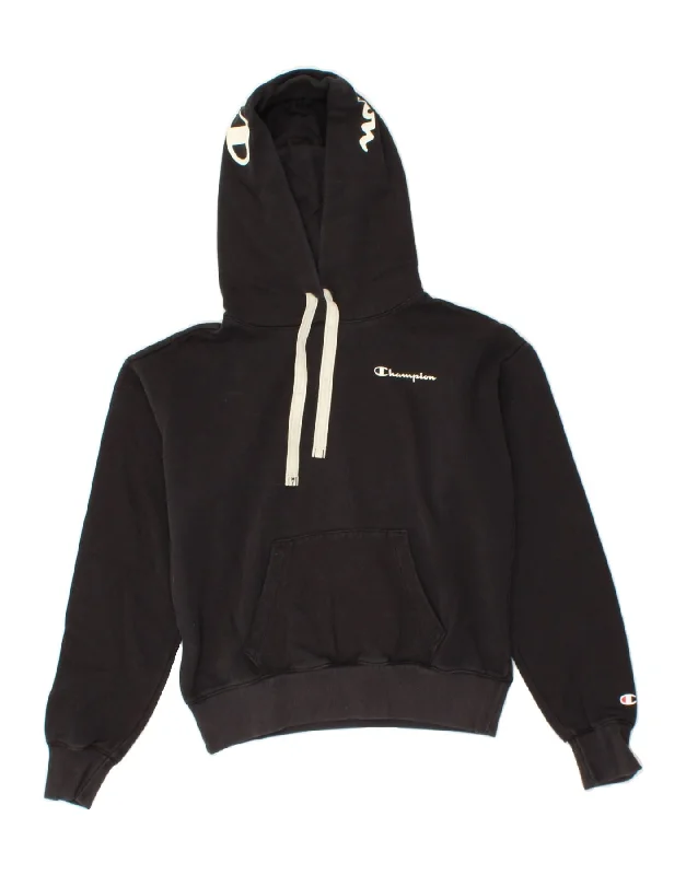 CHAMPION Womens Oversized Crop Graphic Hoodie Jumper UK 10 Small Black Hoodie with Contrast Stitching Detailed Premium CHAMPION Womens Oversized Crop Graphic Hoodie Jumper UK 10 Small Black Hoodie with Contrast Stitching Detailed Premium