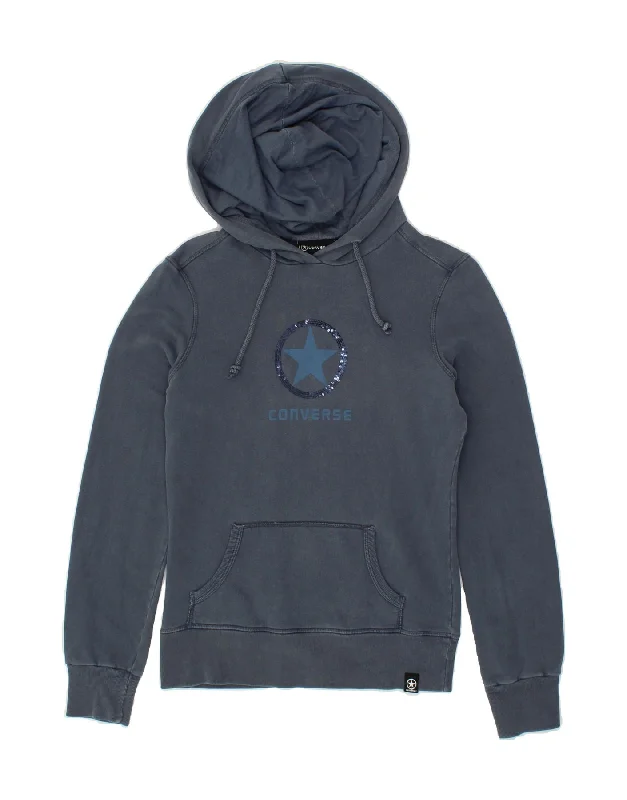 CONVERSE Womens Graphic Hoodie Jumper UK 10 Small Navy Blue Cotton Hoodie with Bell Sleeves Flared Feminine CONVERSE Womens Graphic Hoodie Jumper UK 10 Small Navy Blue Cotton Hoodie with Bell Sleeves Flared Feminine