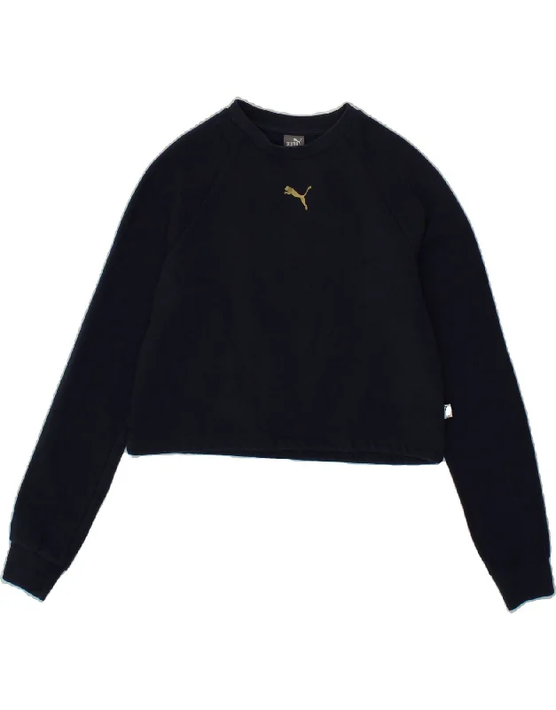 PUMA Womens Crop Sweatshirt Jumper UK 10 Small Navy Blue Cotton Hoodie with Elastic Cuffs Stretchable Comfortable PUMA Womens Crop Sweatshirt Jumper UK 10 Small Navy Blue Cotton Hoodie with Elastic Cuffs Stretchable Comfortable