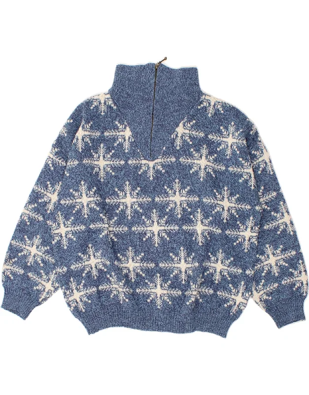 FINNEGAN Womens Oversized Zip Neck Jumper Sweater UK 18 XL Blue Fair Isle Spandex Rayon Corduroy FINNEGAN Womens Oversized Zip Neck Jumper Sweater UK 18 XL Blue Fair Isle Spandex Rayon Corduroy
