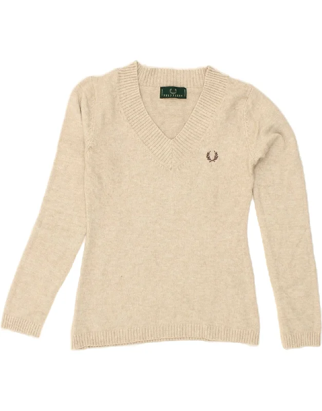 FRED PERRY Womens V-Neck Jumper Sweater UK 10 Small Beige Modal Casual Formal Business FRED PERRY Womens V-Neck Jumper Sweater UK 10 Small Beige Modal Casual Formal Business