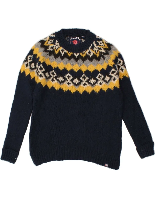 SUPERDRY Womens Crew Neck Jumper Sweater UK 10 Small Navy Blue Fair Isle Open Front Closed Front Wrap Front SUPERDRY Womens Crew Neck Jumper Sweater UK 10 Small Navy Blue Fair Isle Open Front Closed Front Wrap Front
