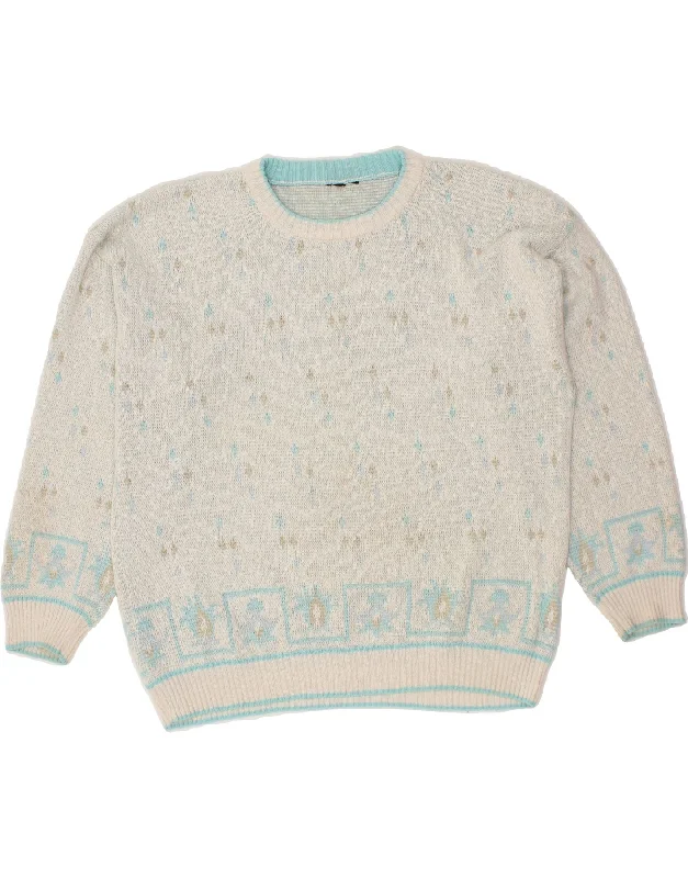 VINTAGE Womens Crew Neck Jumper Sweater UK 20 2XL White Fair Isle Handmade Hand-knitted Hand-woven VINTAGE Womens Crew Neck Jumper Sweater UK 20 2XL White Fair Isle Handmade Hand-knitted Hand-woven